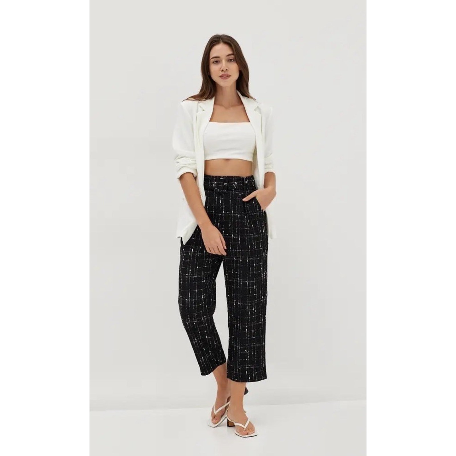 Love Bonito Size Us 4 Audrie Tweed Tailored Peg Leg Pants High Rise Crop Black